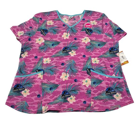 Jurassic World Womens Size 2XL Short Sleeve Pink V Neck Print Medical Scrub Top - Picture 1 of 9